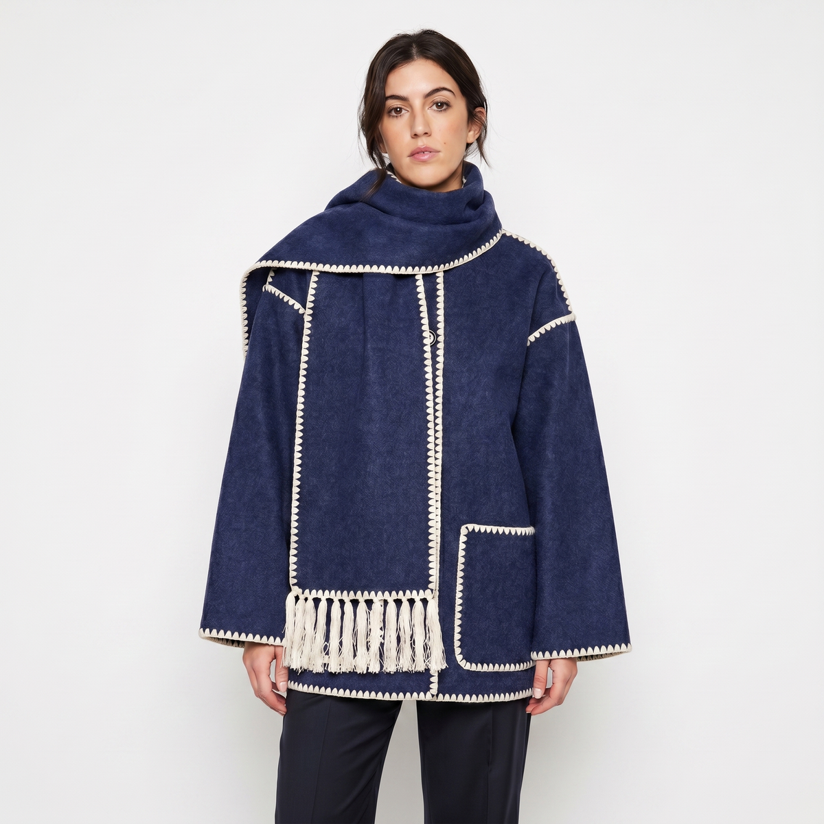 Women's Blanket Coat Wool-Look Contrast Stitch Attached Winter Scarf Tassel