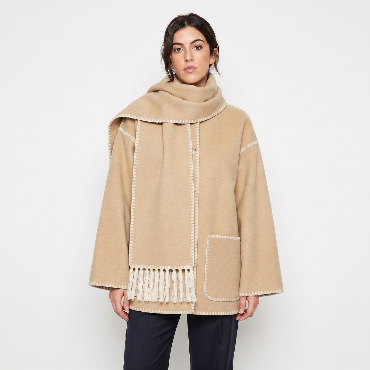 Women's Blanket Coat Wool-Look Contrast Stitch Attached Winter Scarf Tassel