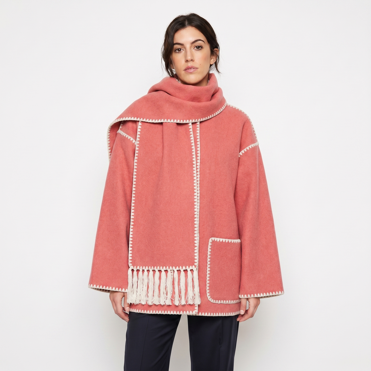 Women's Blanket Coat Wool-Look Contrast Stitch Attached Winter Scarf Tassel