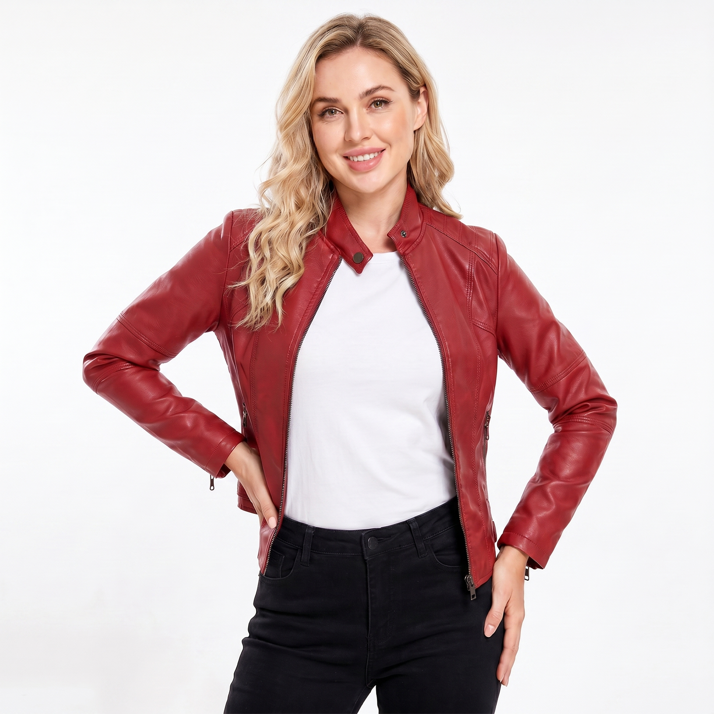 Women's Leather Jacket – Fitted Racer Band Collar Quilted Shoulder Zip