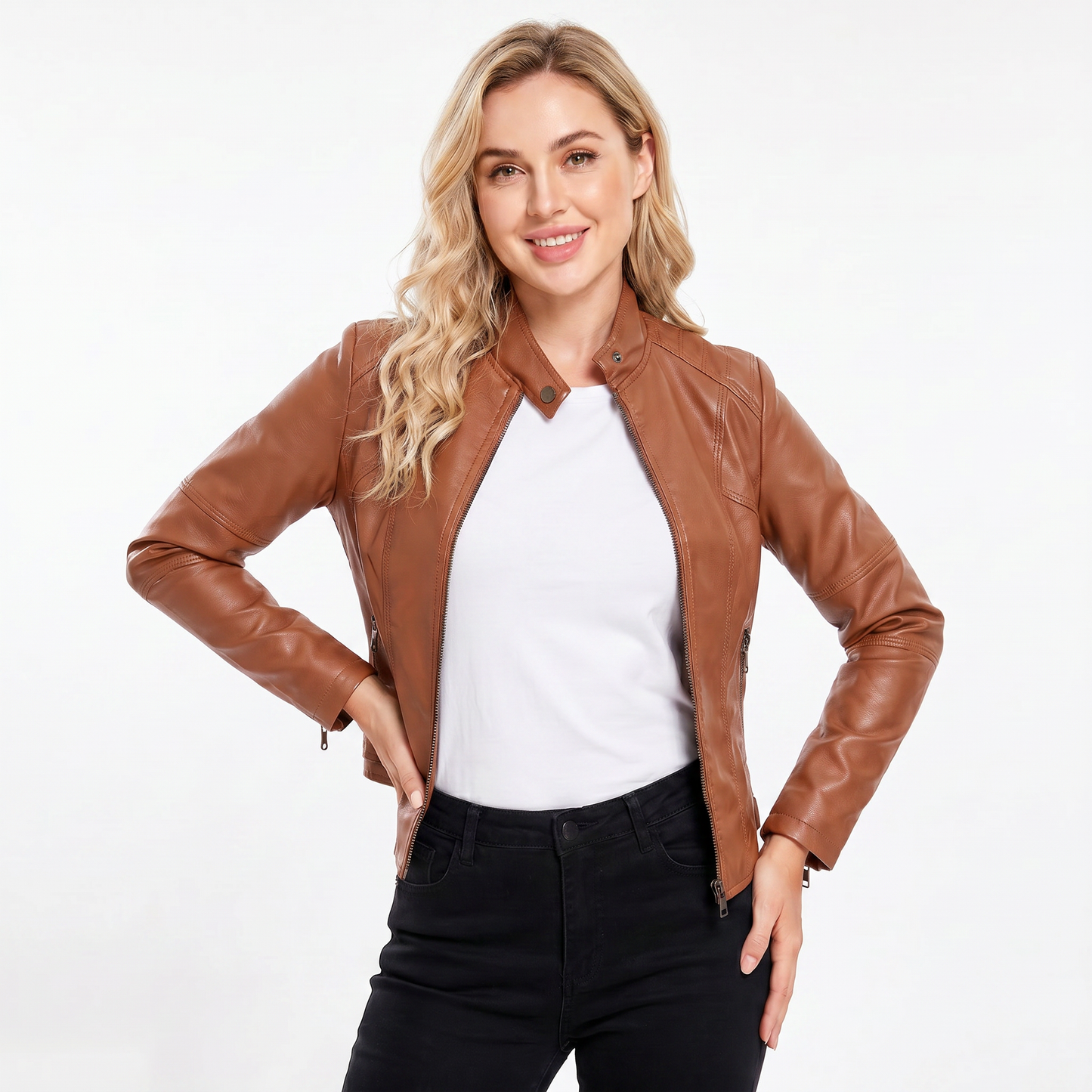 Women's Leather Jacket – Fitted Racer Band Collar Quilted Shoulder Zip