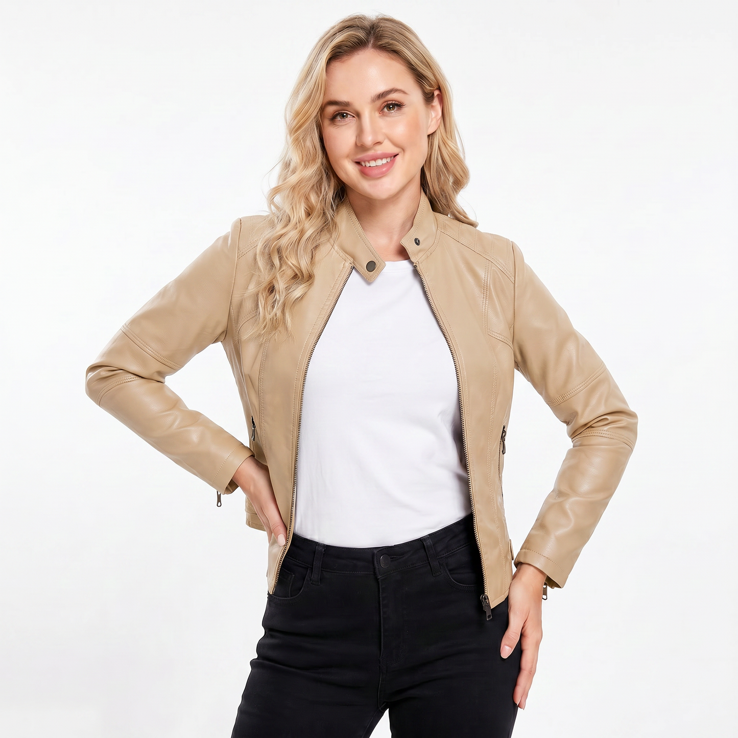 Women's Leather Jacket – Fitted Racer Band Collar Quilted Shoulder Zip
