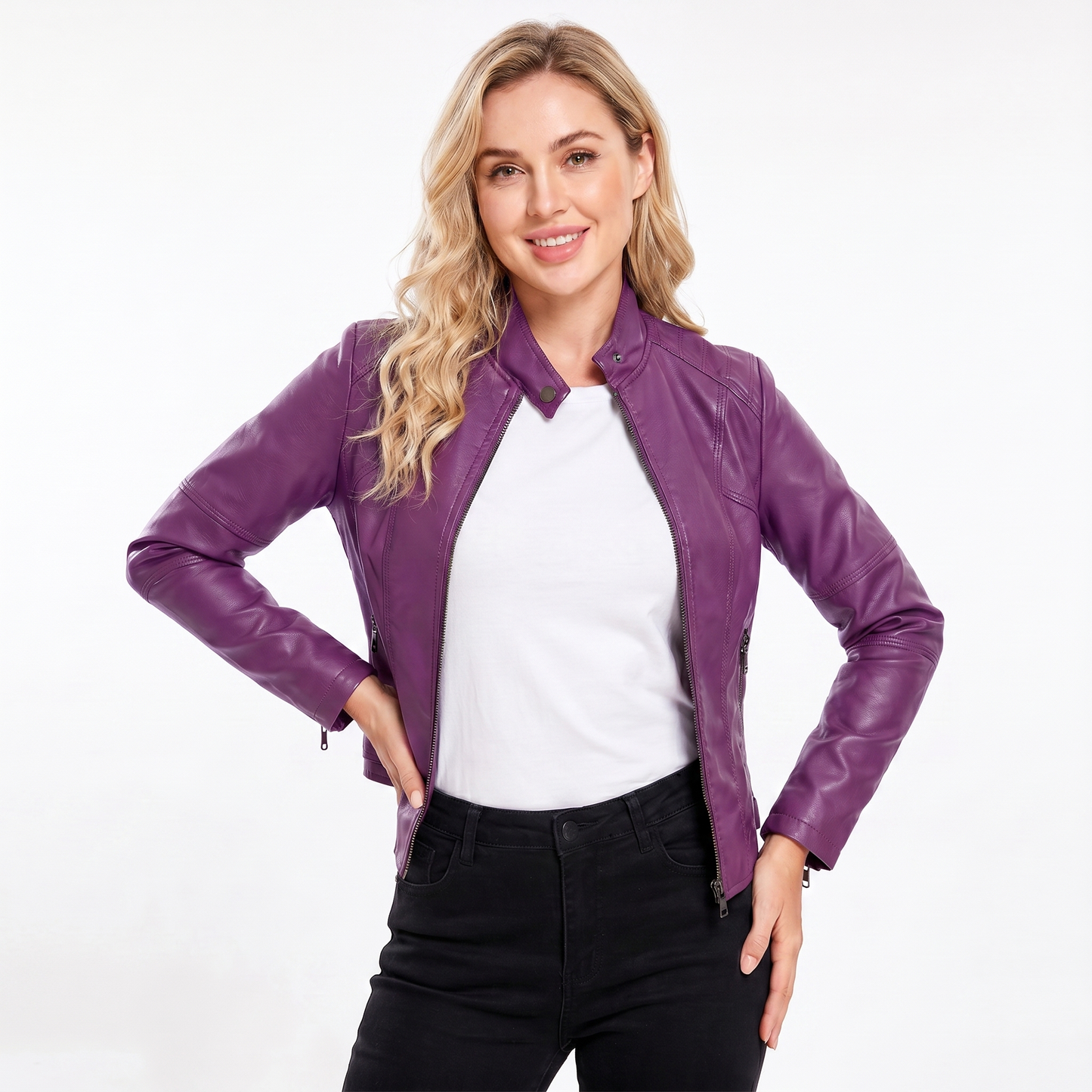 Women's Leather Jacket – Fitted Racer Band Collar Quilted Shoulder Zip