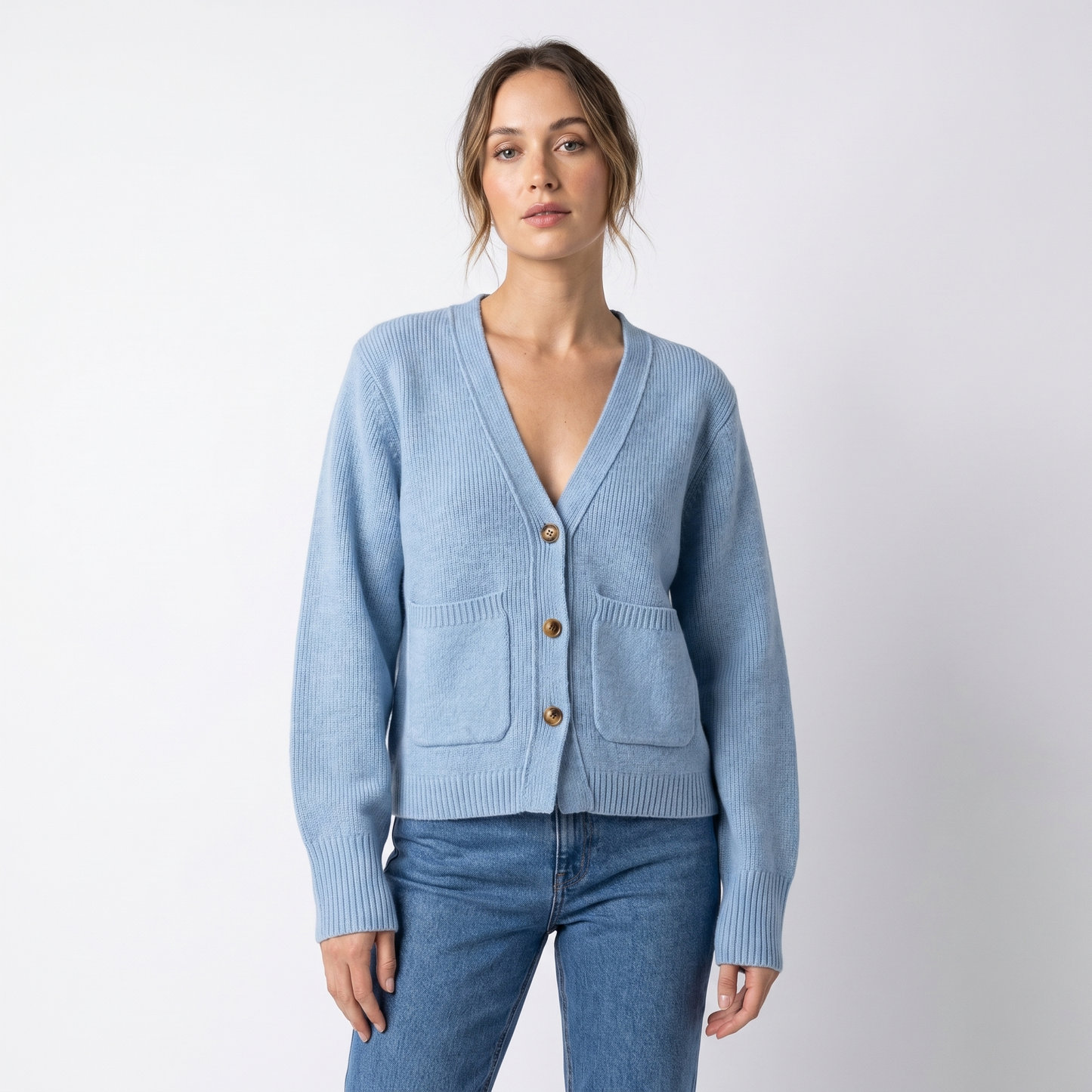 Women's V-Neck Cardigan – Cropped Button Front Patch Pockets Gold Buttons