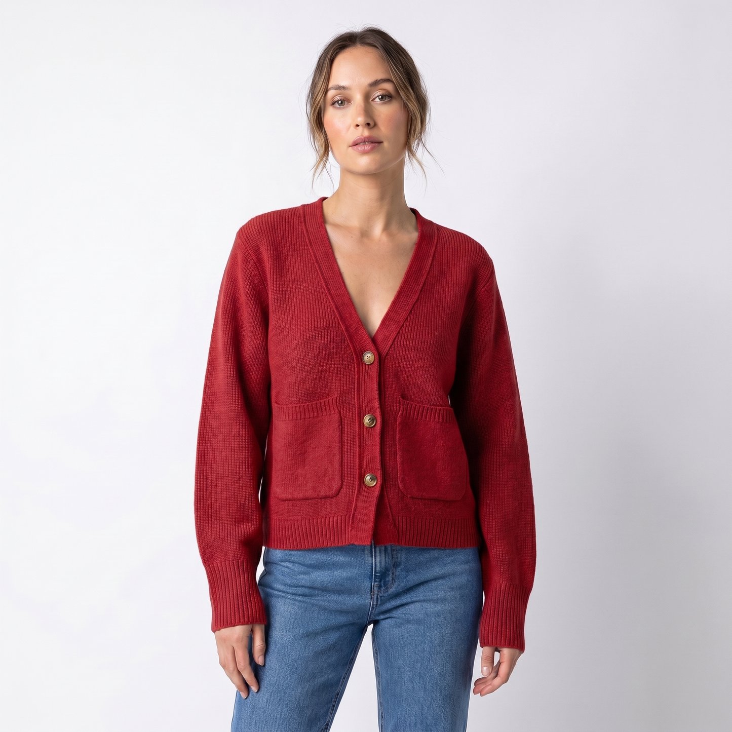 Women's V-Neck Cardigan – Cropped Button Front Patch Pockets Gold Buttons