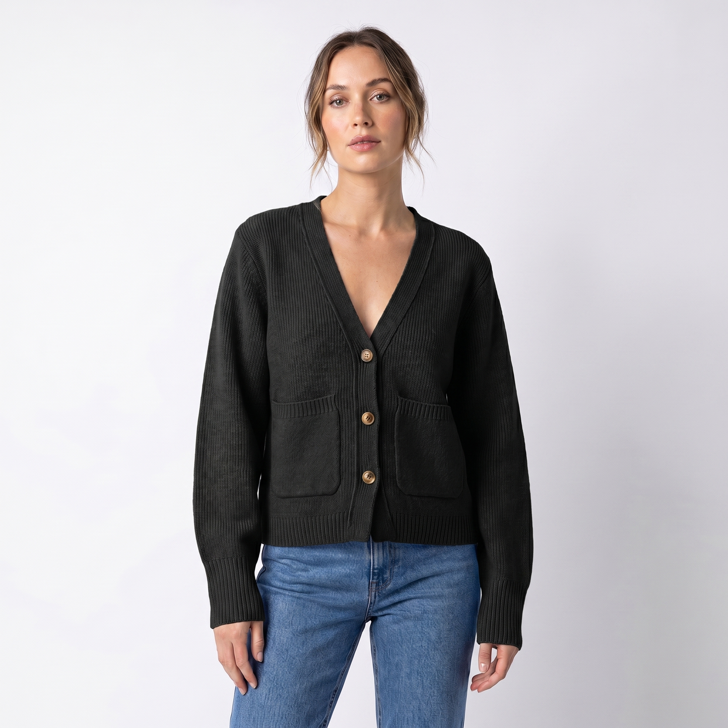 Women's V-Neck Cardigan – Cropped Button Front Patch Pockets Gold Buttons