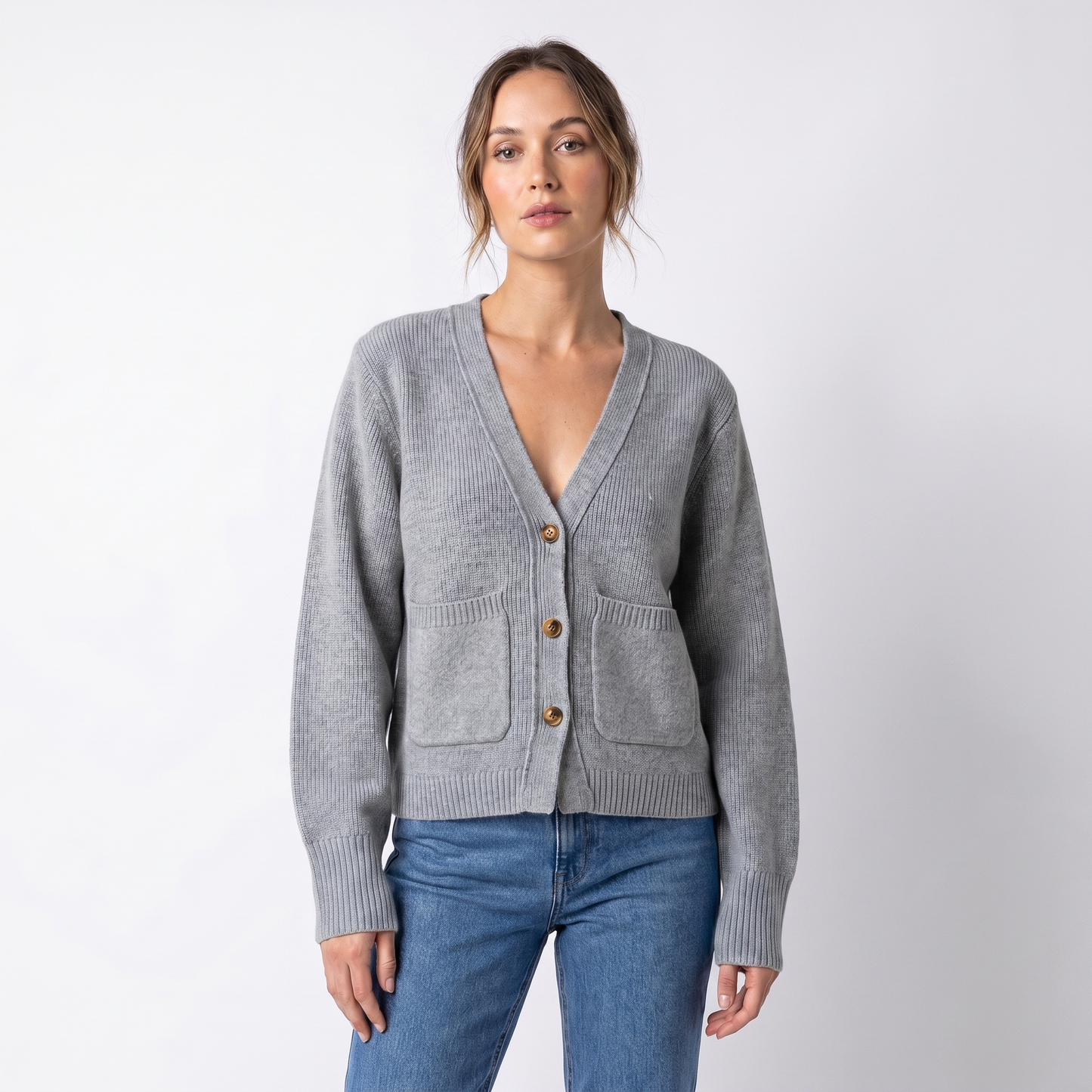 Women's V-Neck Cardigan – Cropped Button Front Patch Pockets Gold Buttons