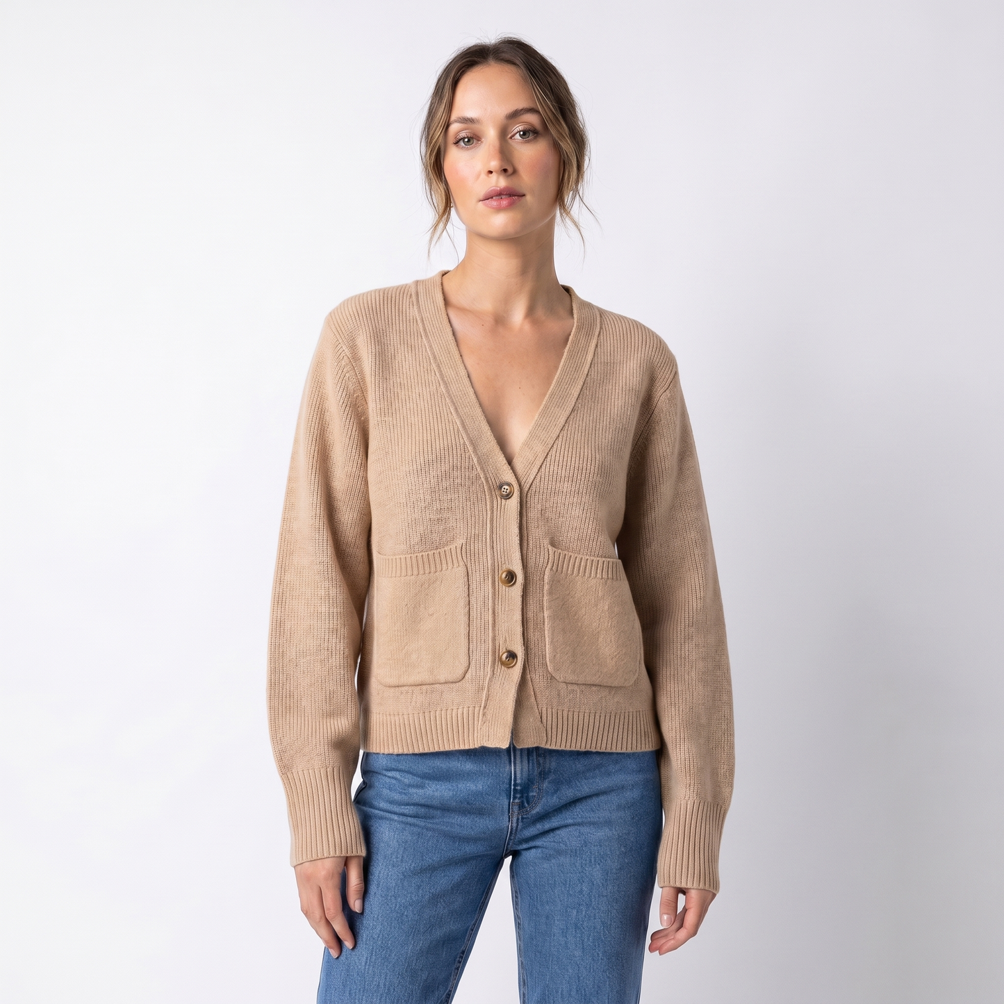 Women's V-Neck Cardigan – Cropped Button Front Patch Pockets Gold Buttons