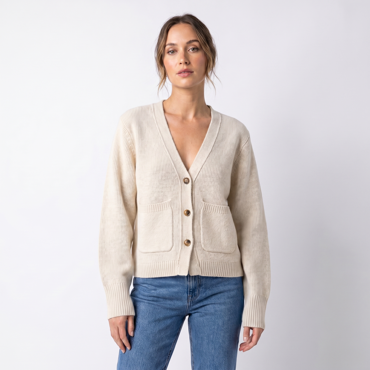 Women's V-Neck Cardigan – Cropped Button Front Patch Pockets Gold Buttons