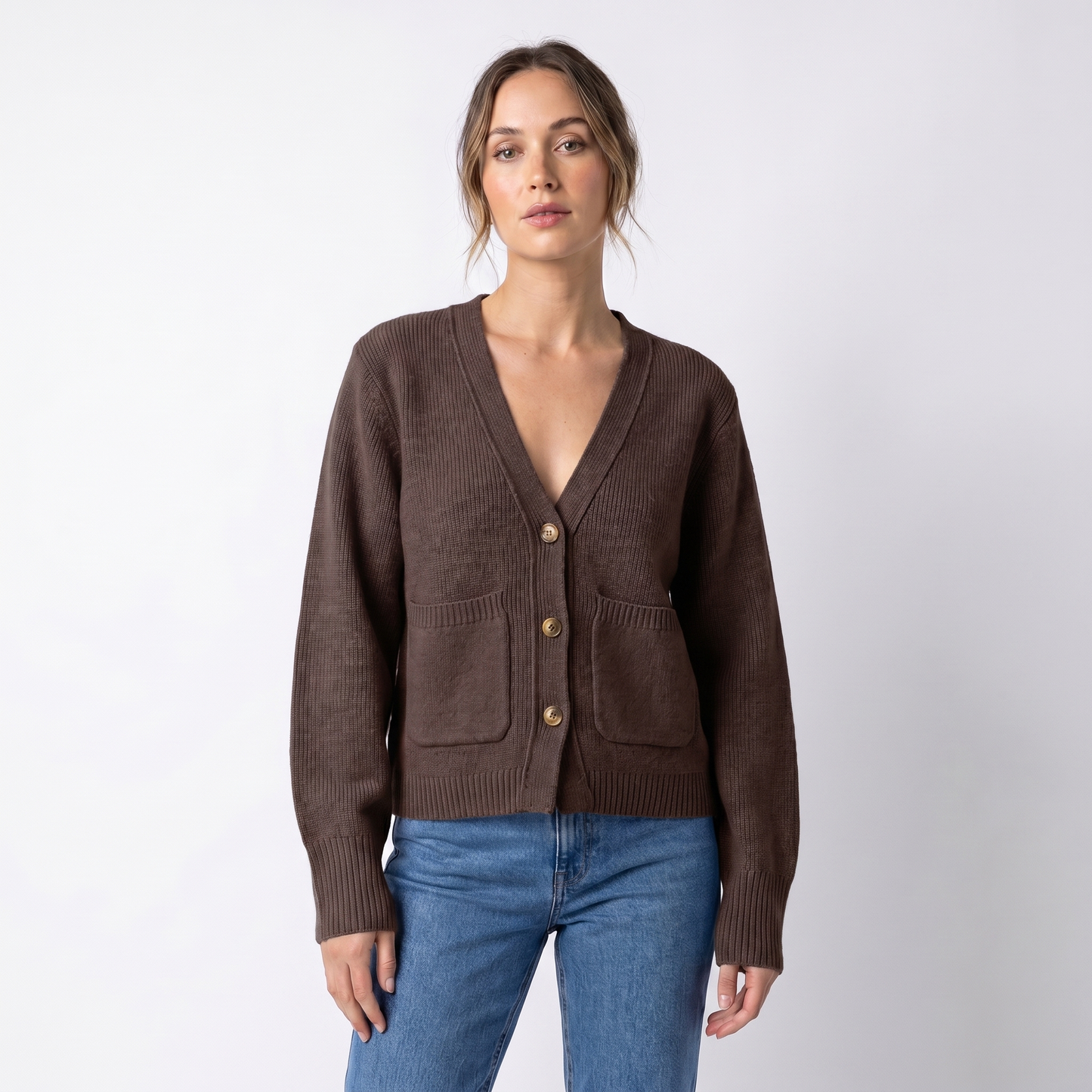 Women's V-Neck Cardigan – Cropped Button Front Patch Pockets Gold Buttons