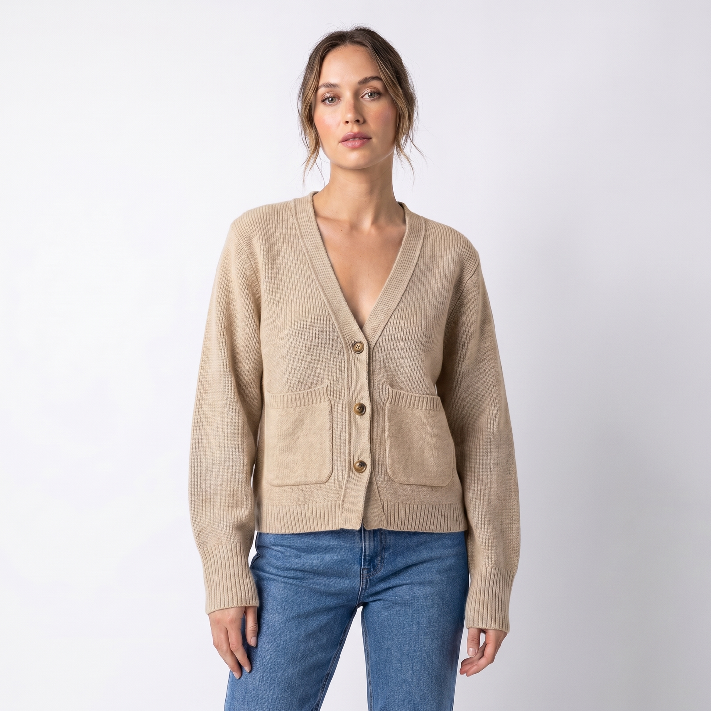 Women's V-Neck Cardigan – Cropped Button Front Patch Pockets Gold Buttons