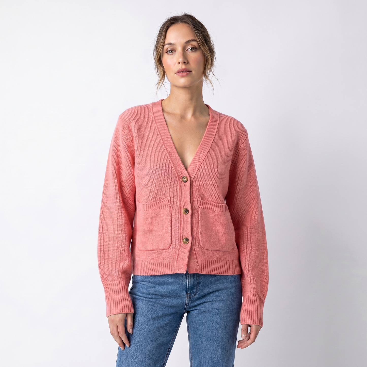 Women's V-Neck Cardigan – Cropped Button Front Patch Pockets Gold Buttons