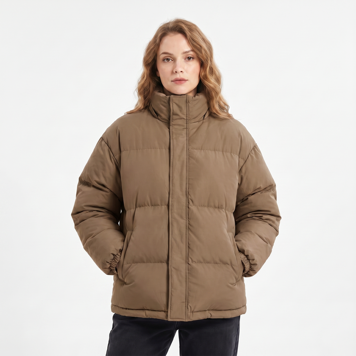 Women's Quilted Winter Jacket Oversized Puffer Stand Collar Concealed Zip