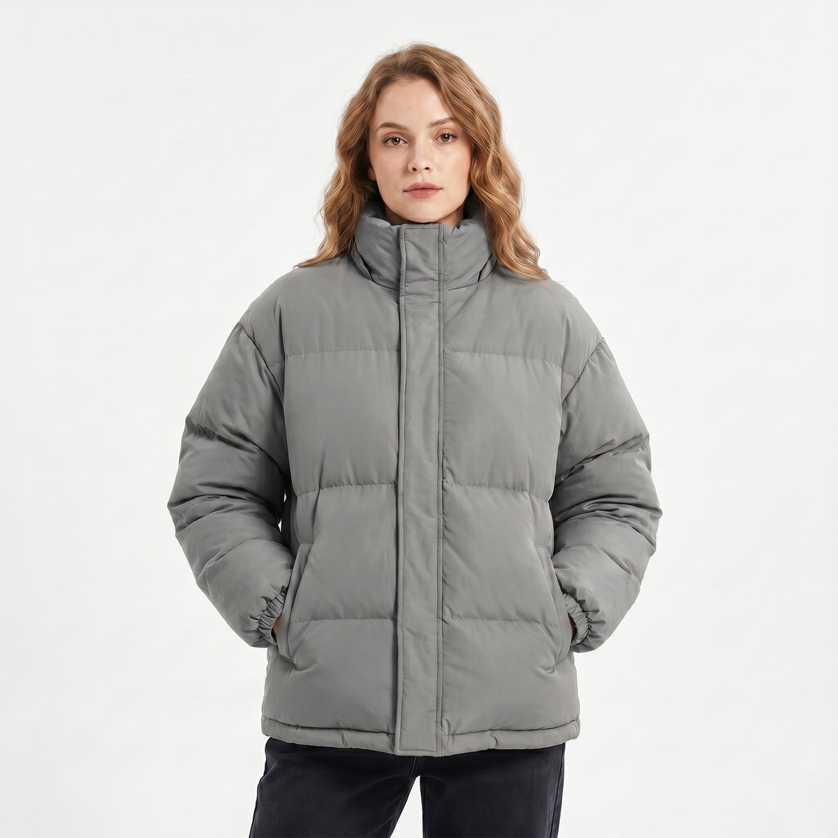 Women's Quilted Winter Jacket Oversized Puffer Stand Collar Concealed Zip