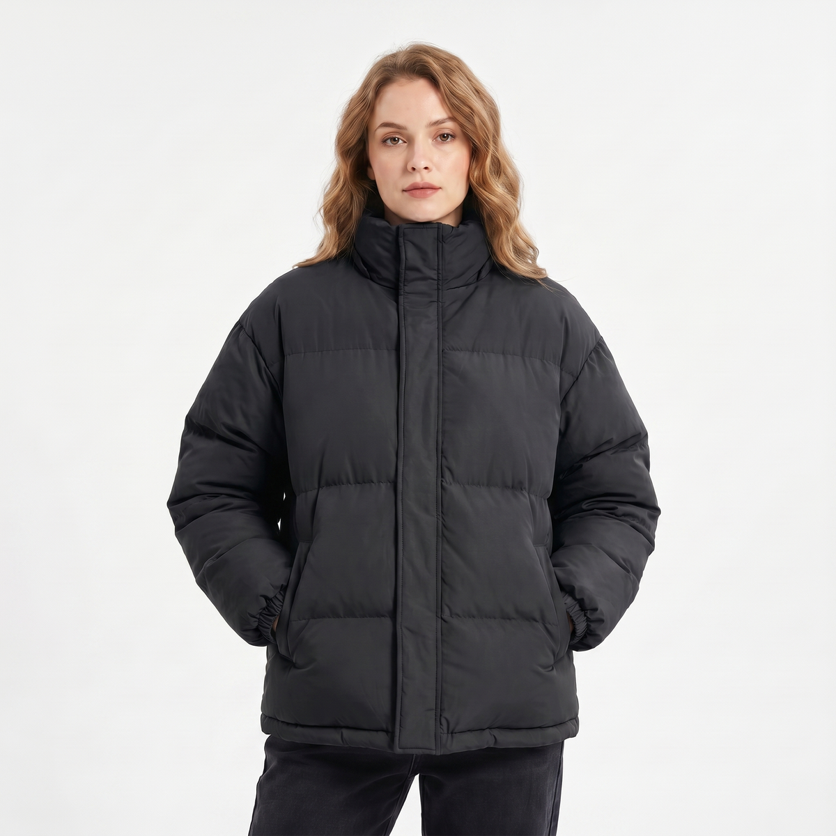 Women's Quilted Winter Jacket Oversized Puffer Stand Collar Concealed Zip