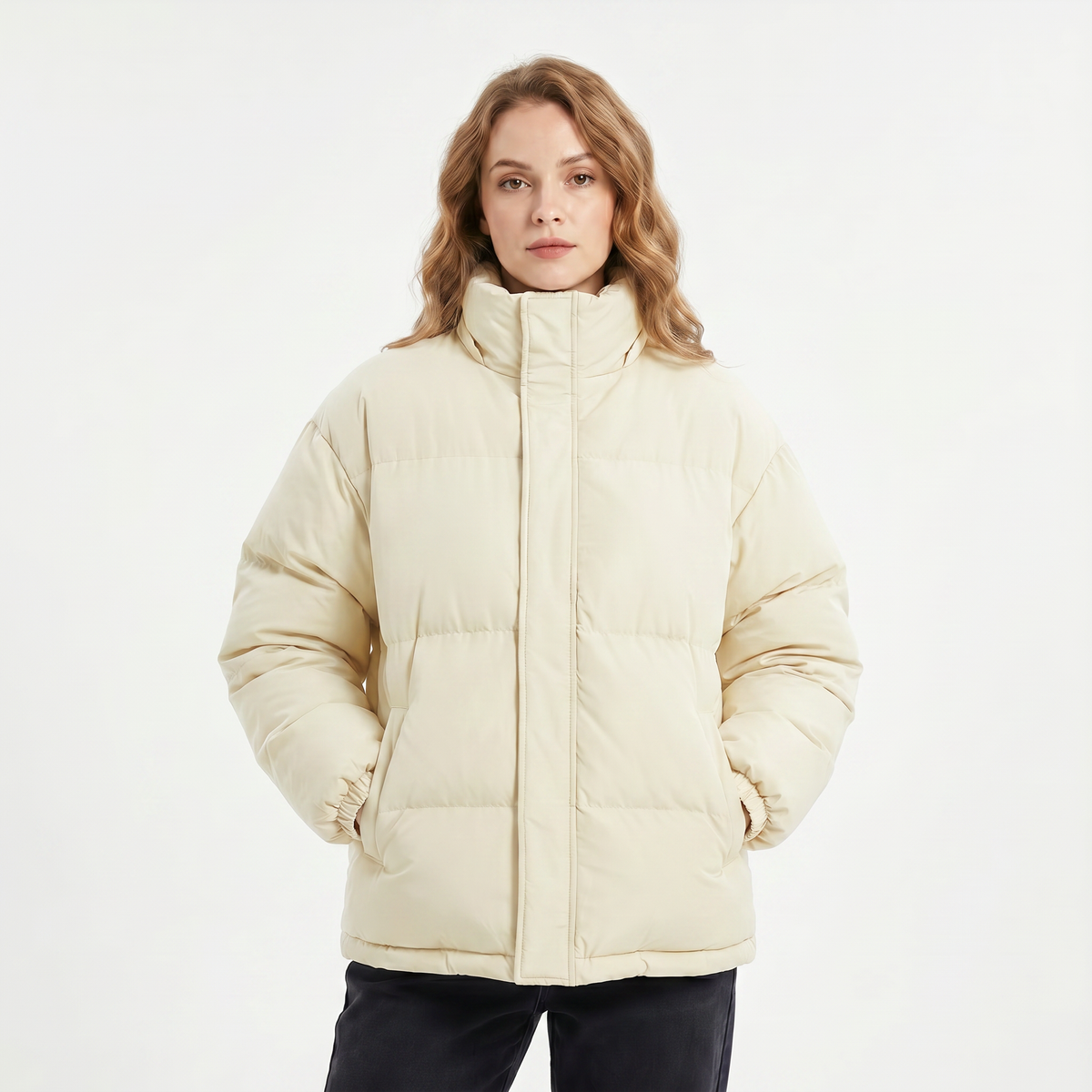 Women's Quilted Winter Jacket Oversized Puffer Stand Collar Concealed Zip