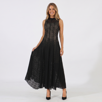 Women's Lace Dress Geometric Chevron Maxi A-Line Mock-Neck Sleeveless