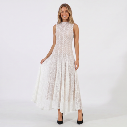 Women's Lace Dress Geometric Chevron Maxi A-Line Mock-Neck Sleeveless