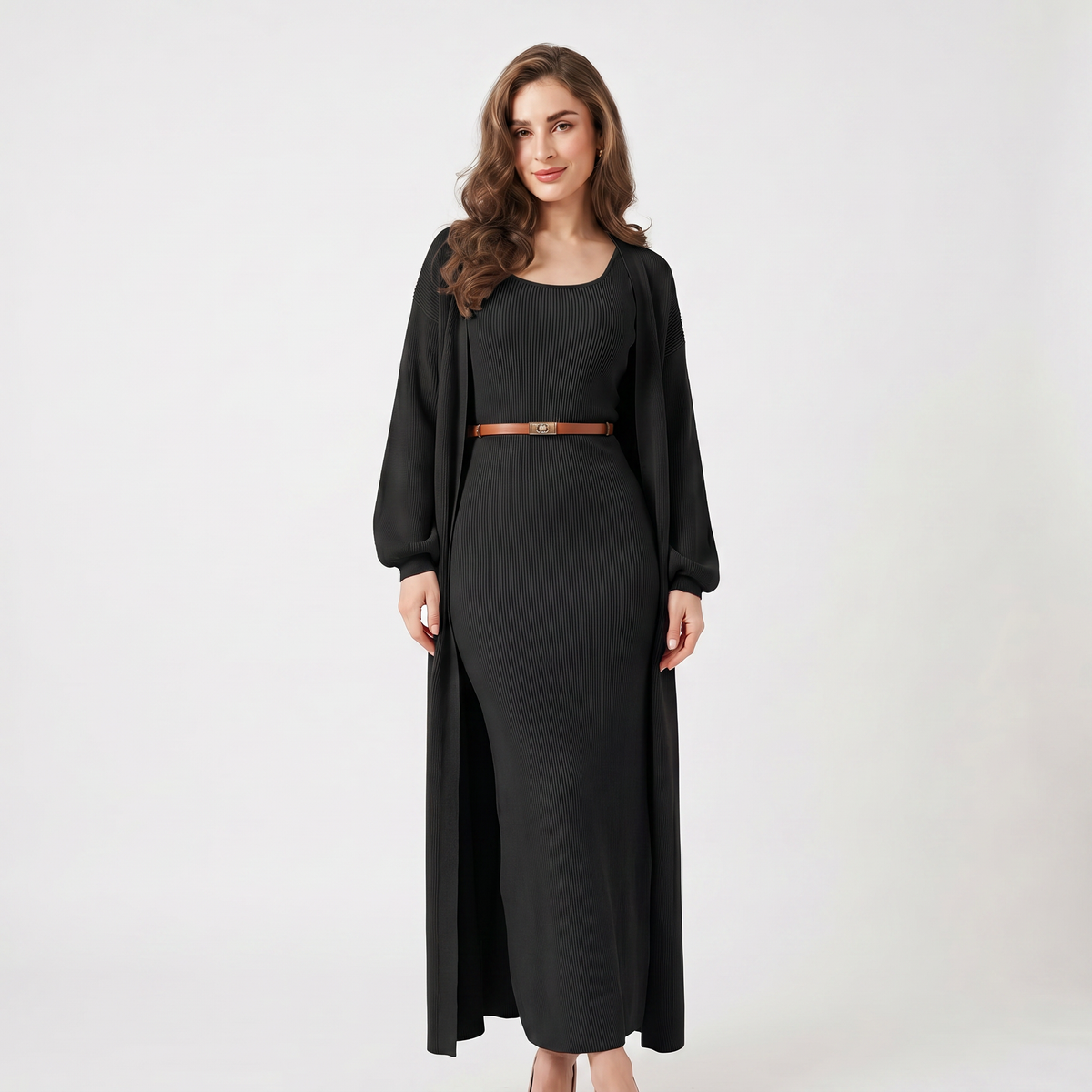 Women's Knit Set Ribbed Maxi Dress Longline Duster Winter Cardigan Co-Ord