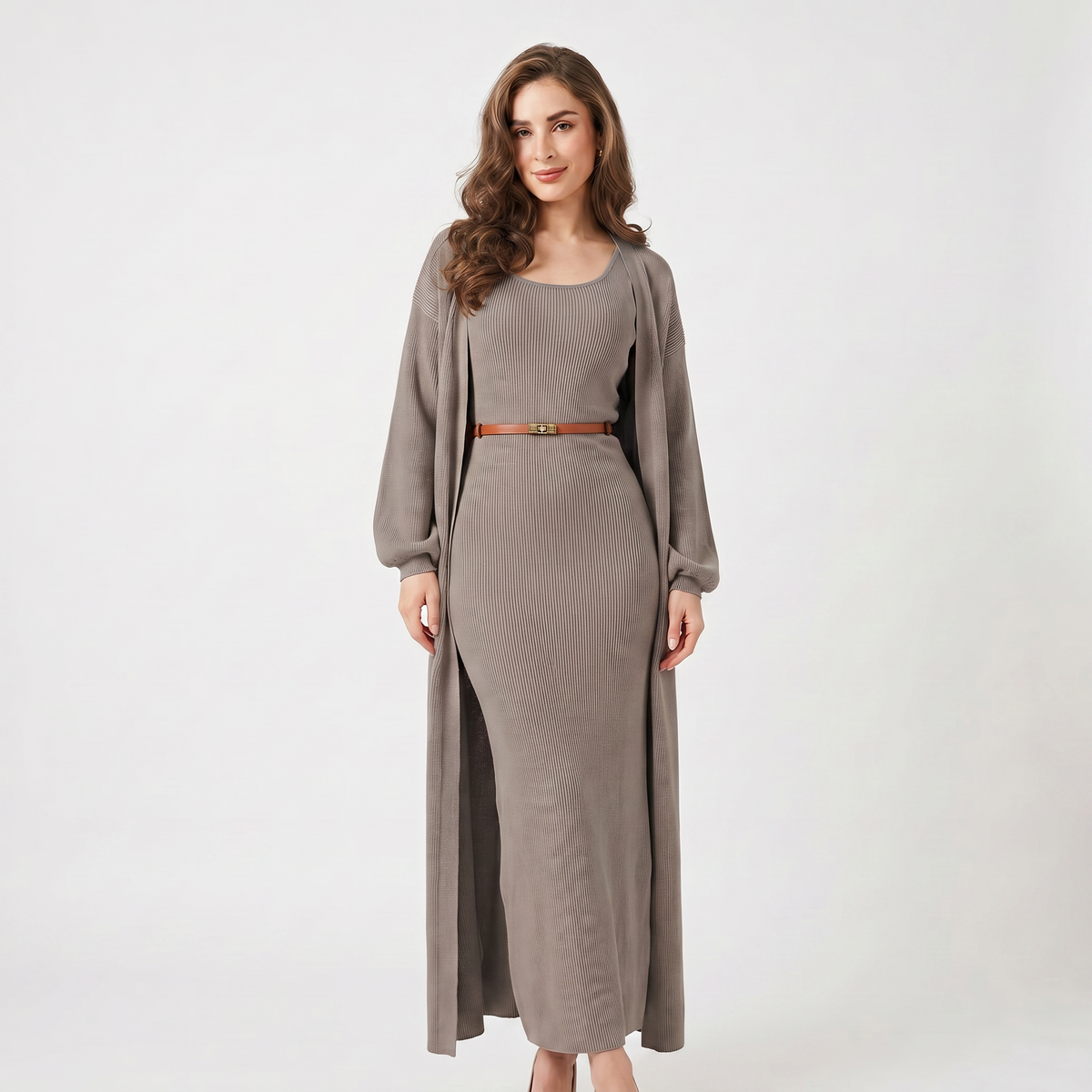 Women's Knit Set Ribbed Maxi Dress Longline Duster Winter Cardigan Co-Ord