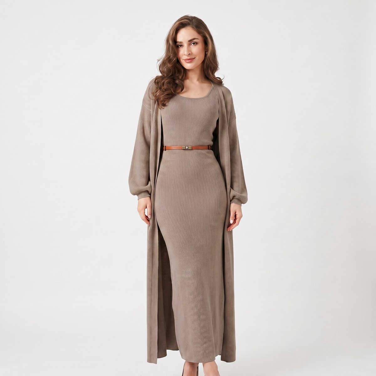 Women's Knit Set Ribbed Maxi Dress Longline Duster Winter Cardigan Co-Ord