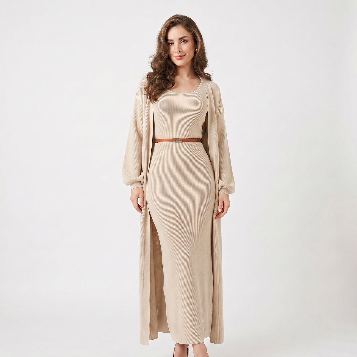 Women's Knit Set Ribbed Maxi Dress Longline Duster Winter Cardigan Co-Ord