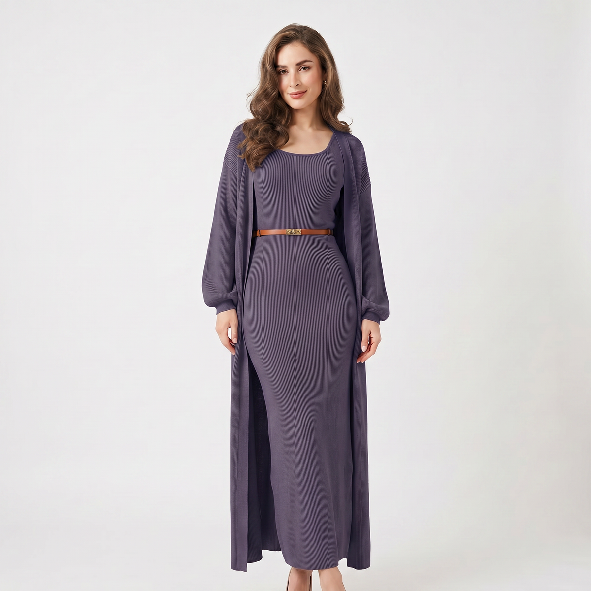 Women's Knit Set Ribbed Maxi Dress Longline Duster Winter Cardigan Co-Ord