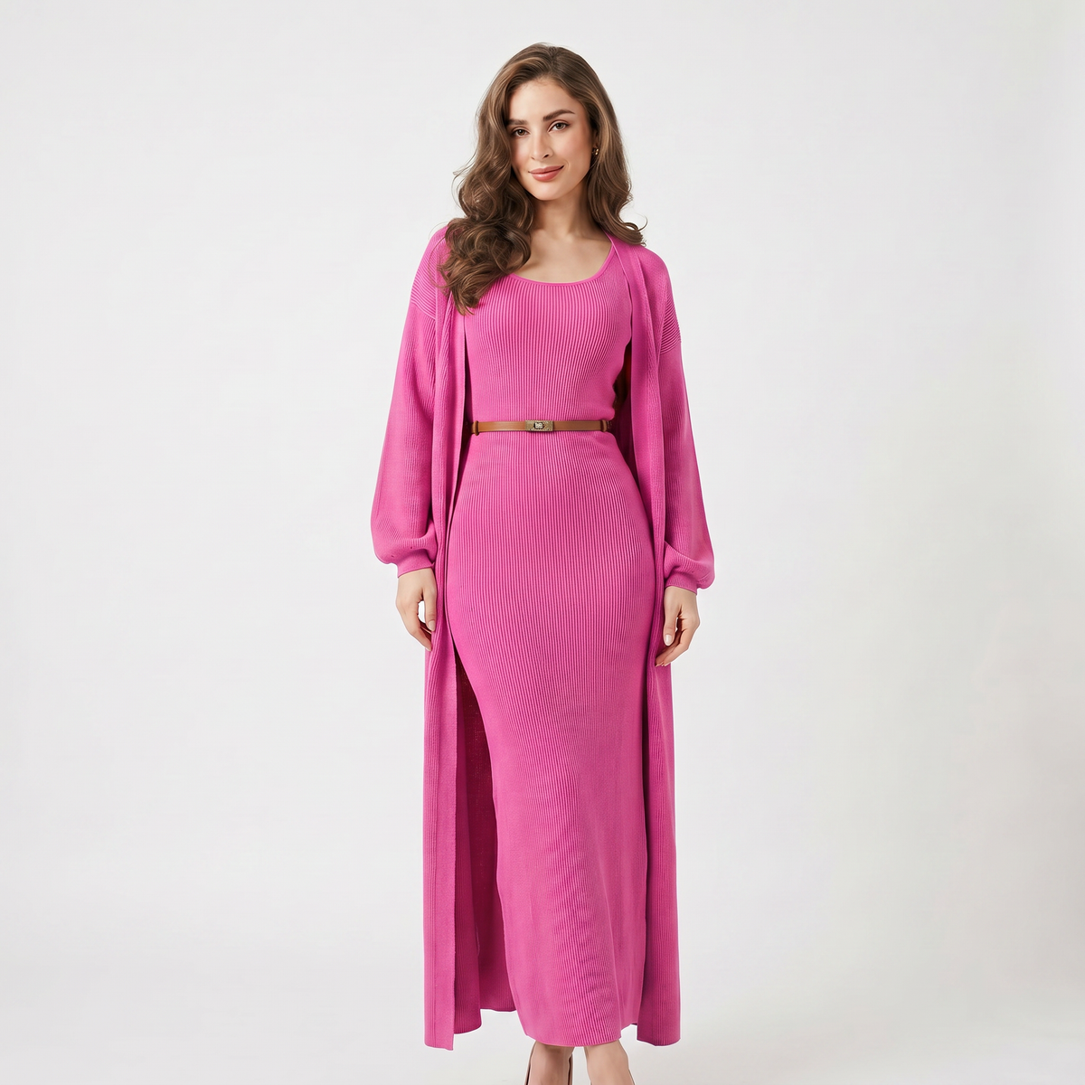 Women's Knit Set Ribbed Maxi Dress Longline Duster Winter Cardigan Co-Ord