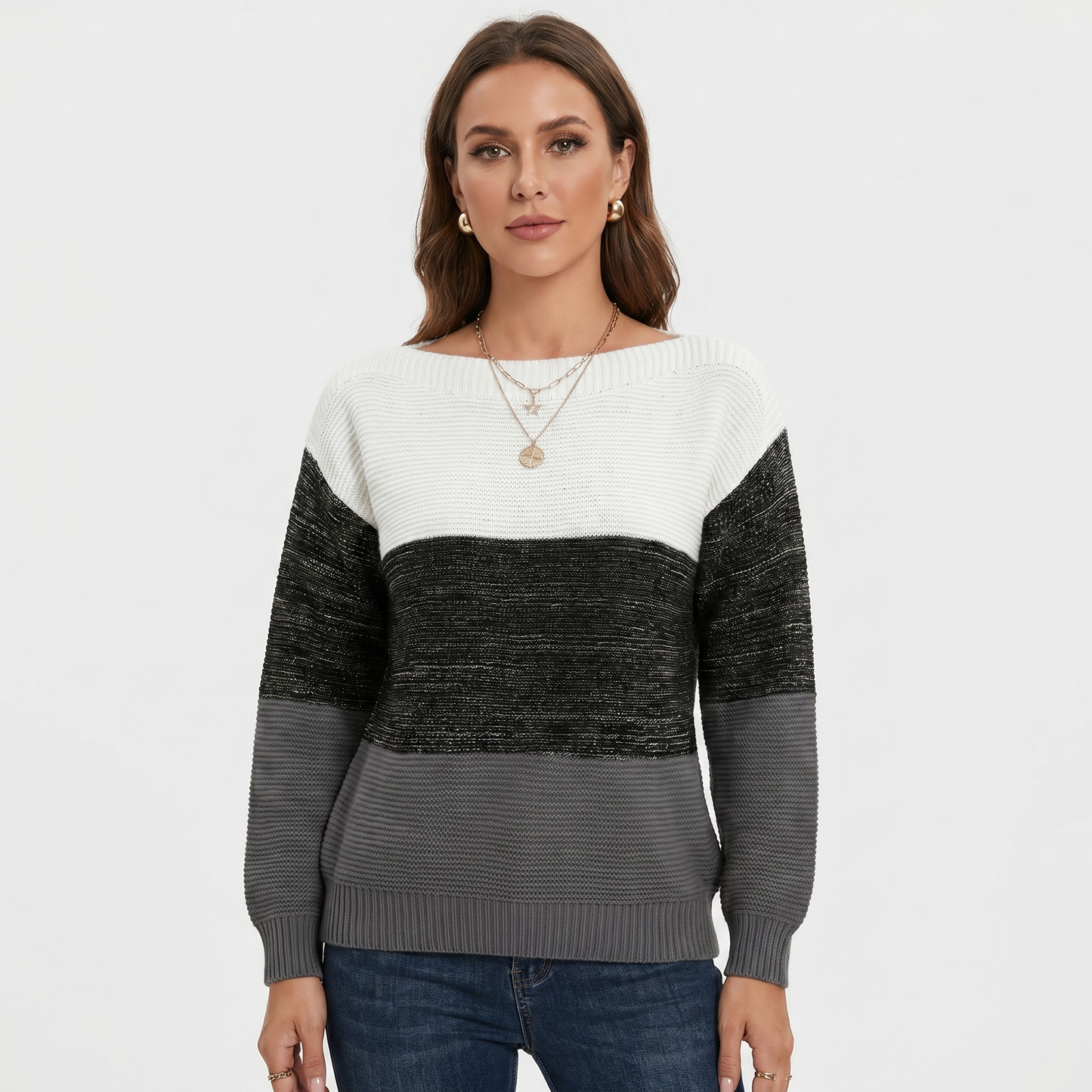 Women's Colour Block Knit Sweater Boat Neck Long Sleeve Relaxed Fit Pullover