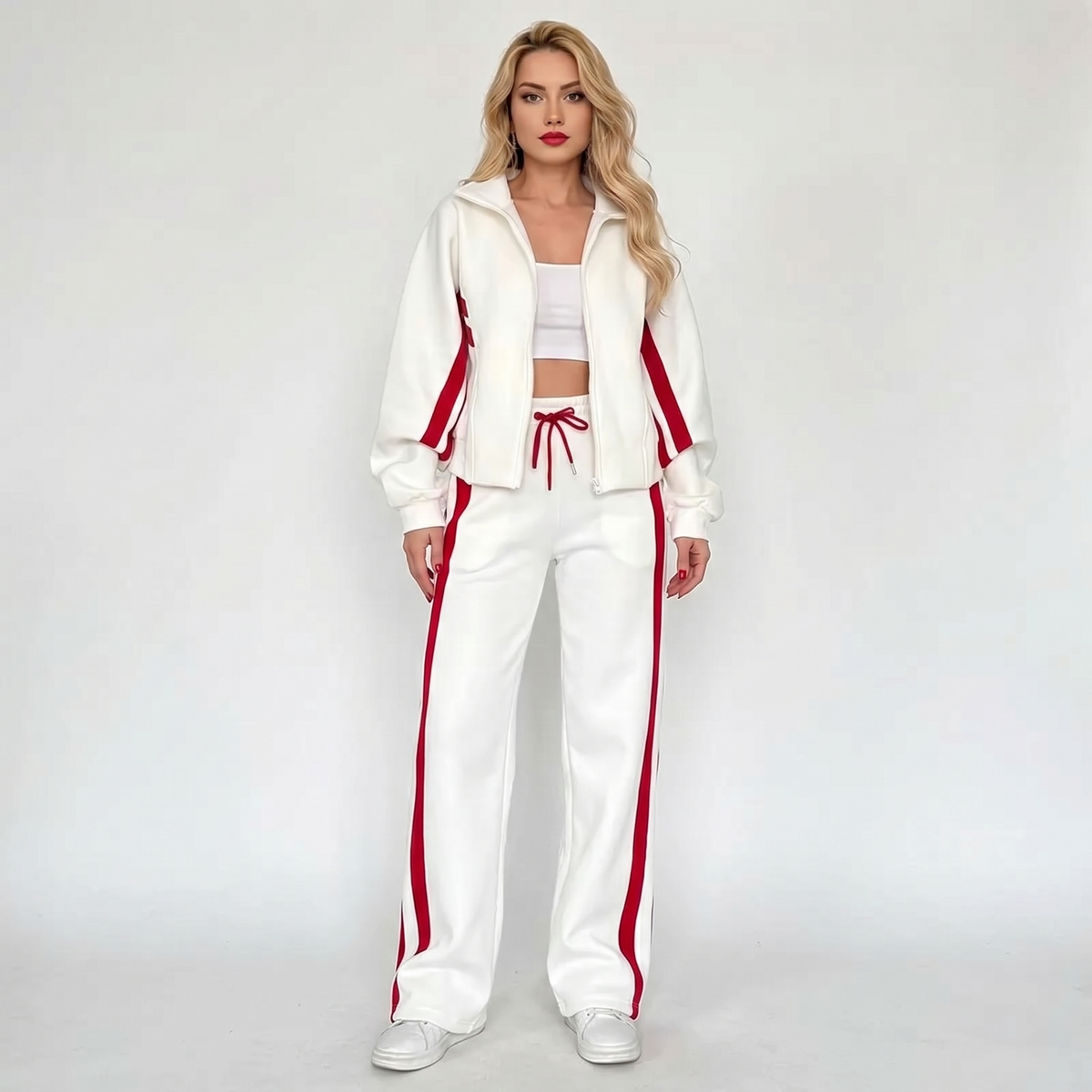 Women's Striped Tracksuit Set Zip-Up Jacket Wide-Leg Jogger Pants Two-Piece