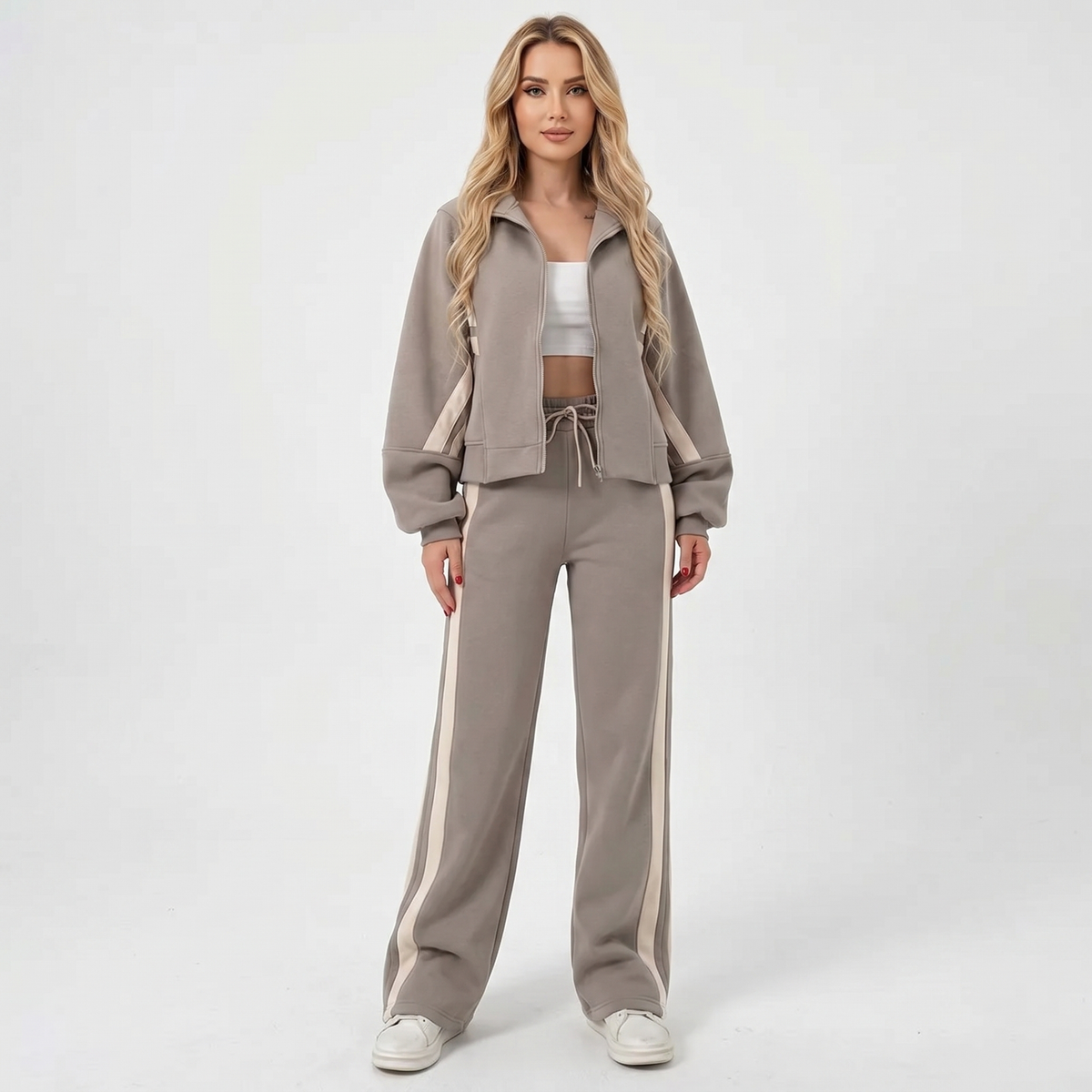 Women's Striped Tracksuit Set Zip-Up Jacket Wide-Leg Jogger Pants Two-Piece