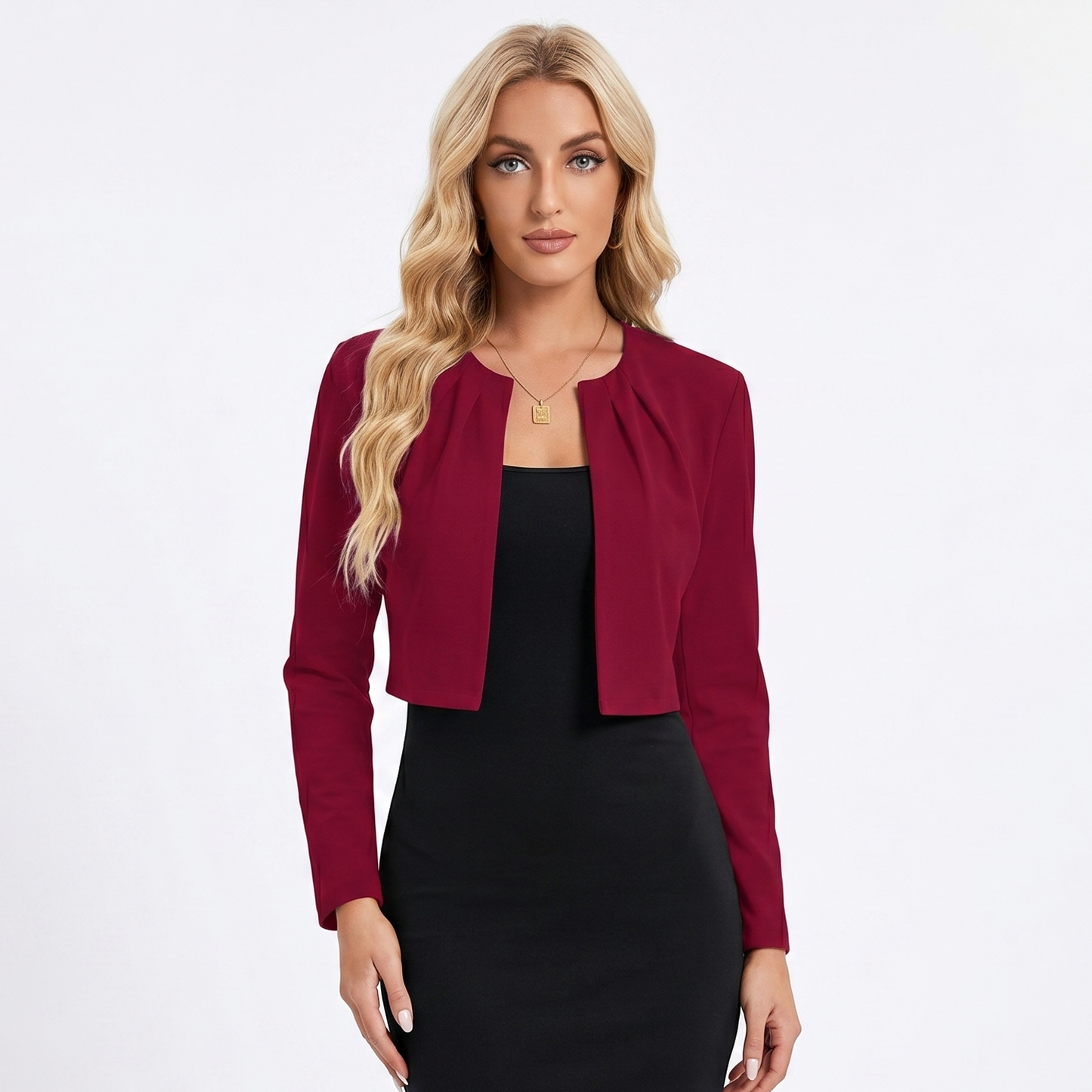 Women's Cropped Blazer Open Front Long Sleeve Office Bolero Jacket Smart