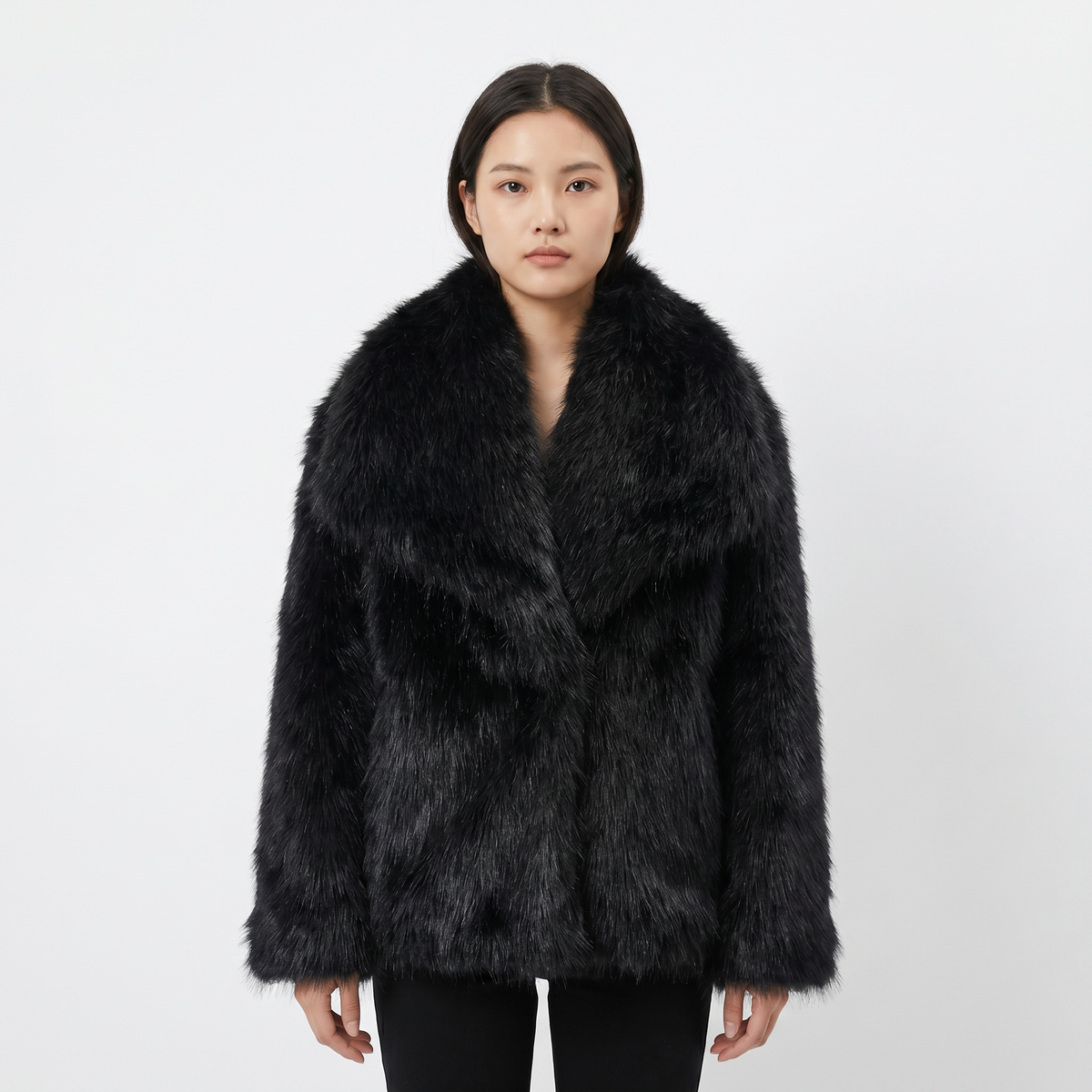 Women's Faux-Fur Short Coat Oversized Collar Cropped Fluffy Jacket Winter