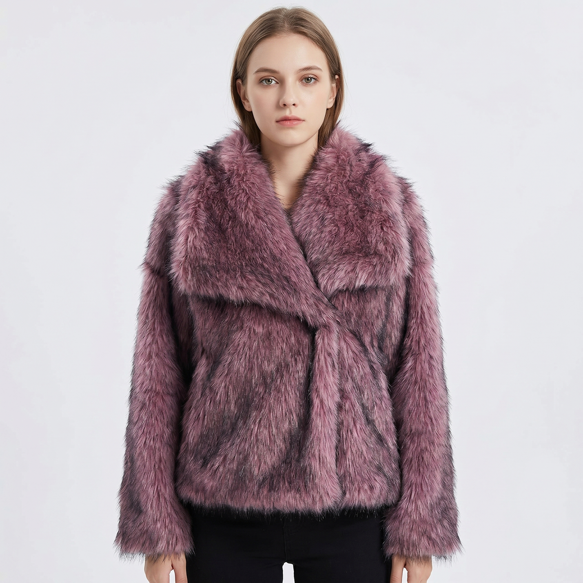 Women's Faux-Fur Short Coat Oversized Collar Cropped Fluffy Jacket Winter