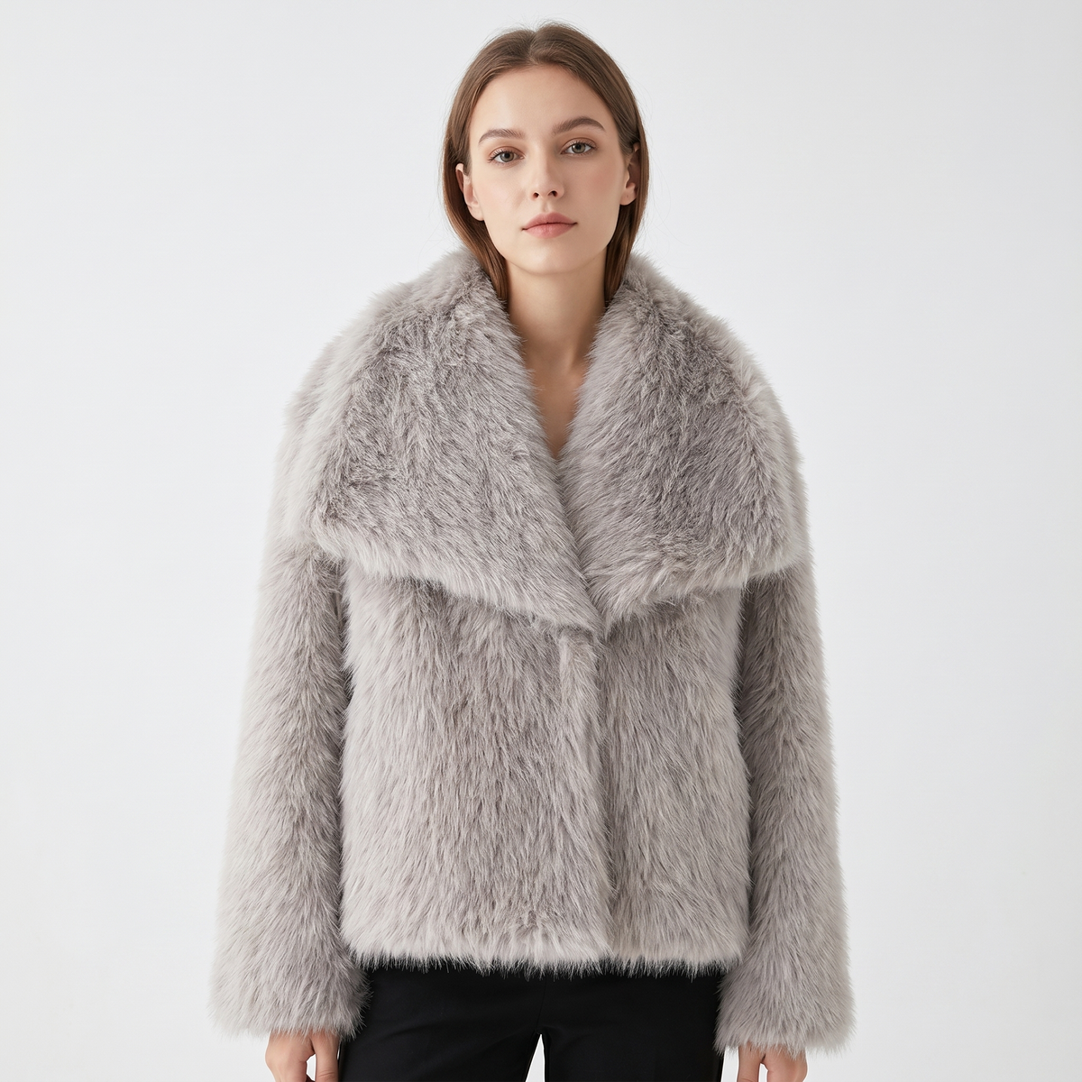 Women's Faux-Fur Short Coat Oversized Collar Cropped Fluffy Jacket Winter