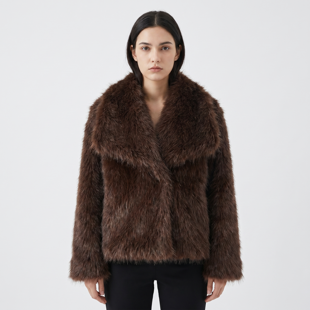 Women's Faux-Fur Short Coat Oversized Collar Cropped Fluffy Jacket Winter