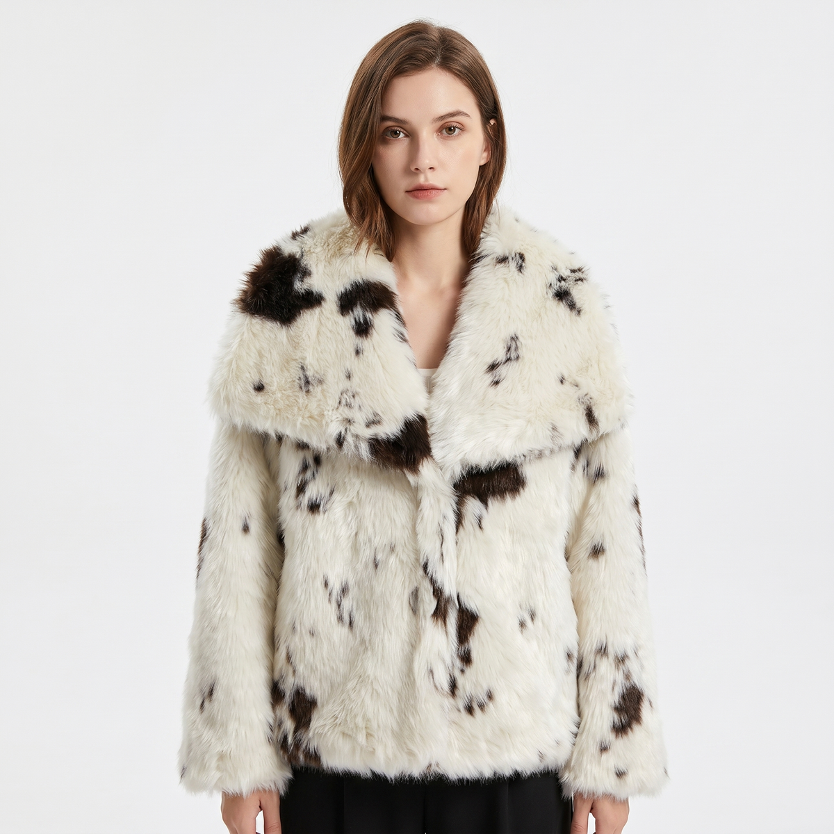 Women's Faux-Fur Short Coat Oversized Collar Cropped Fluffy Jacket Winter