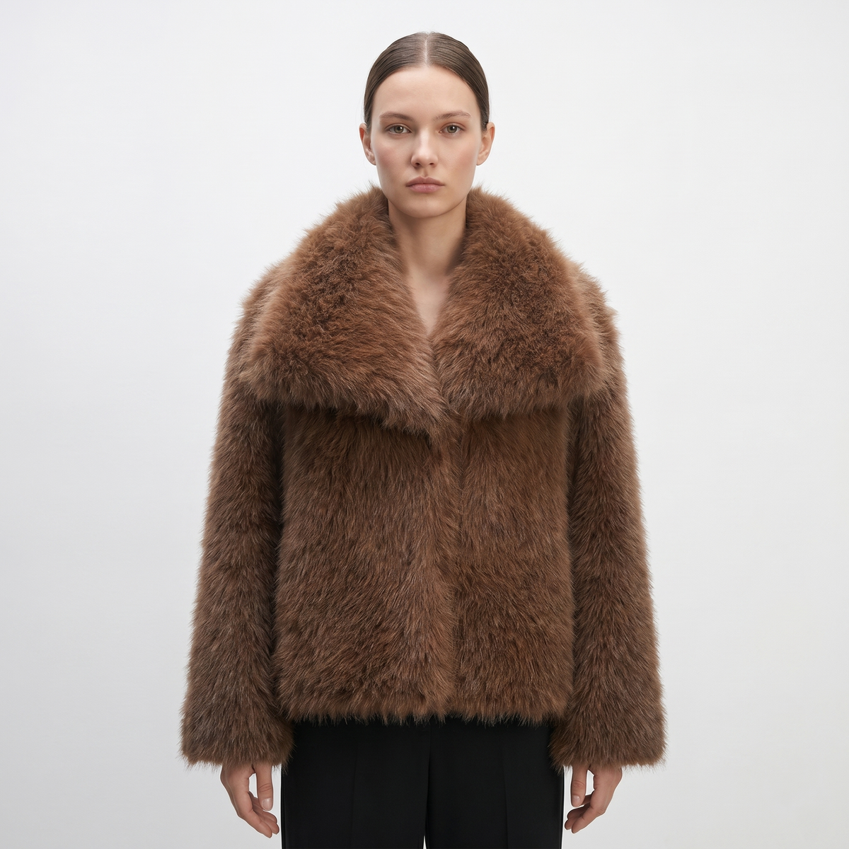 Women's Faux-Fur Short Coat Oversized Collar Cropped Fluffy Jacket Winter