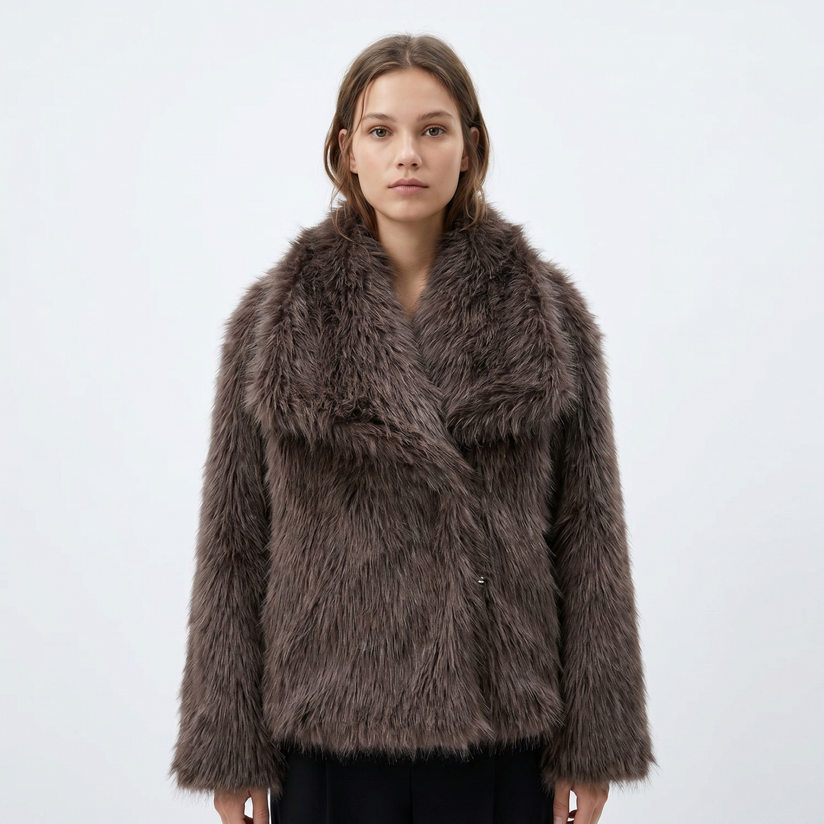 Women's Faux-Fur Short Coat Oversized Collar Cropped Fluffy Jacket Winter