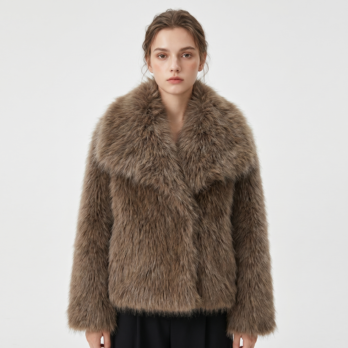 Women's Faux-Fur Short Coat Oversized Collar Cropped Fluffy Jacket Winter