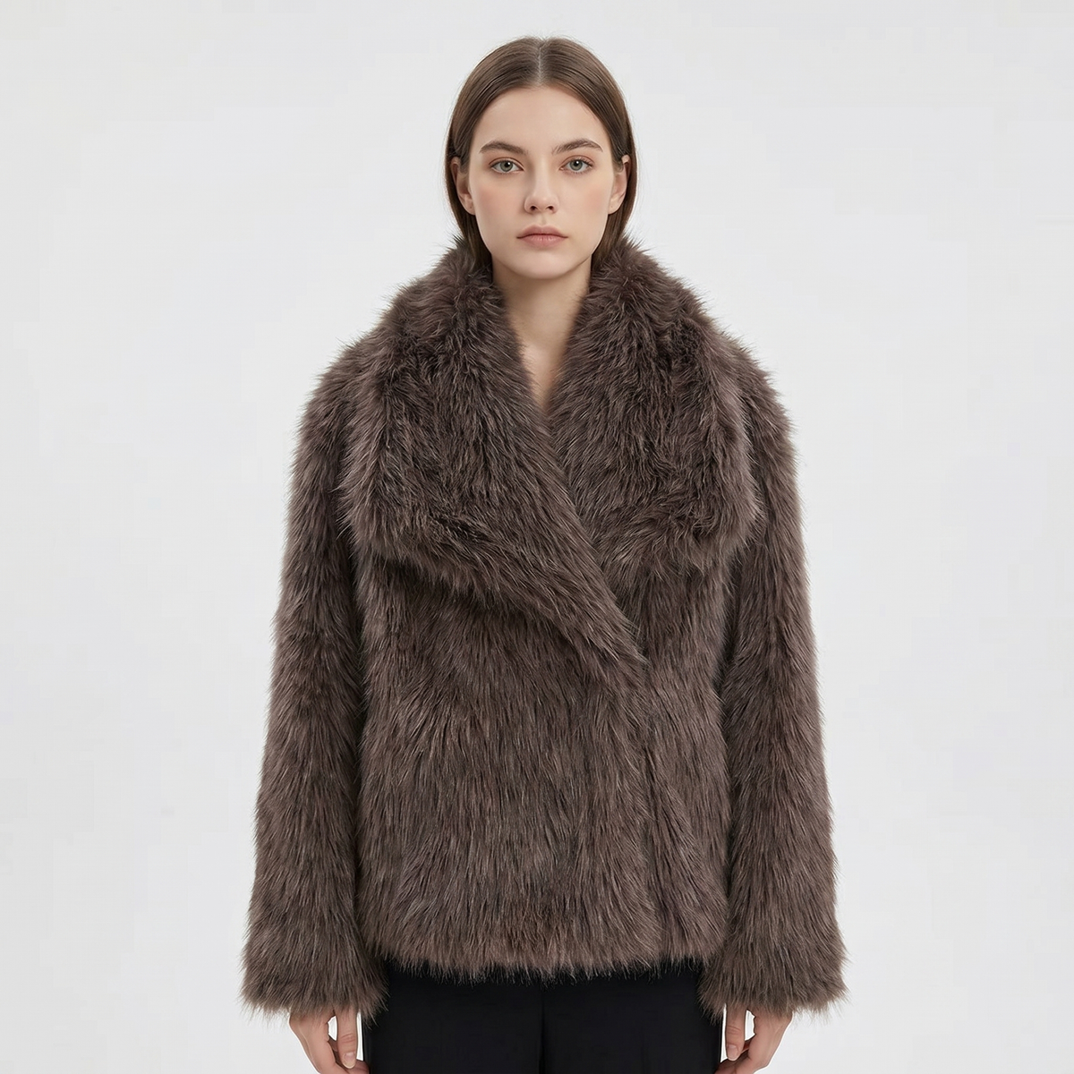 Women's Faux-Fur Short Coat Oversized Collar Cropped Fluffy Jacket Winter