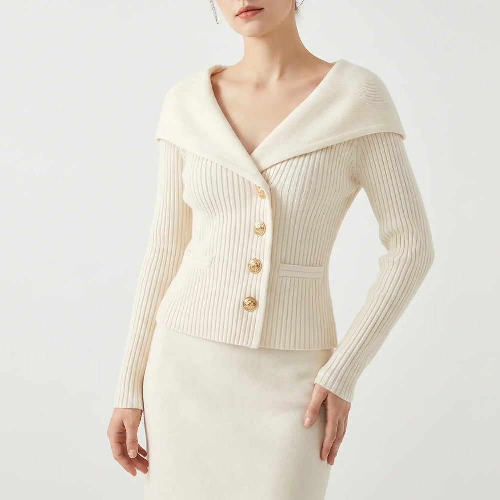 Women's Wide Lapel Bardot Ribbed Knit Cardigan Gold Button Fitted Sweater Jacket Oxford and Hill