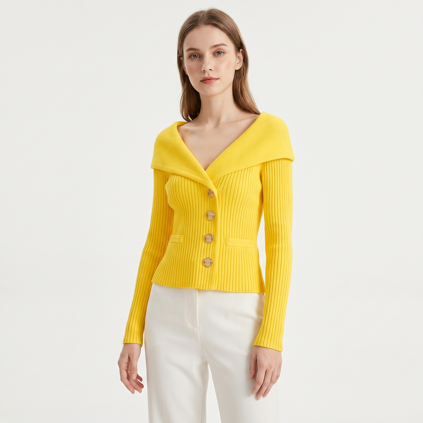 Women's Wide Lapel Bardot Ribbed Knit Cardigan Gold Button Fitted Sweater Jacket