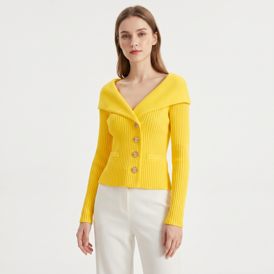 Women's Wide Lapel Bardot Ribbed Knit Cardigan Gold Button Fitted Sweater Jacket