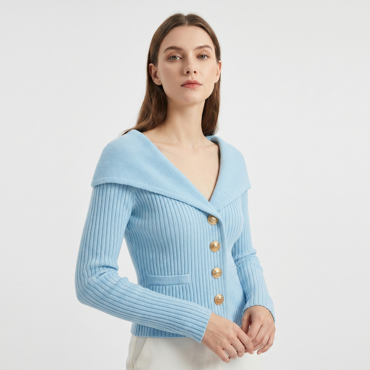 Women's Wide Lapel Bardot Ribbed Knit Cardigan Gold Button Fitted Sweater Jacket