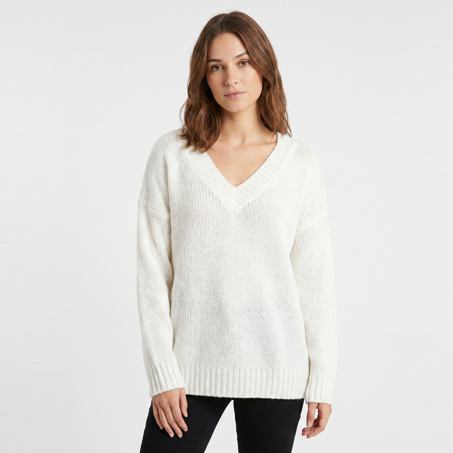 Women's V Neck Oversized Knit Sweater Longline Relaxed Fit Soft Wool Blend Pullover