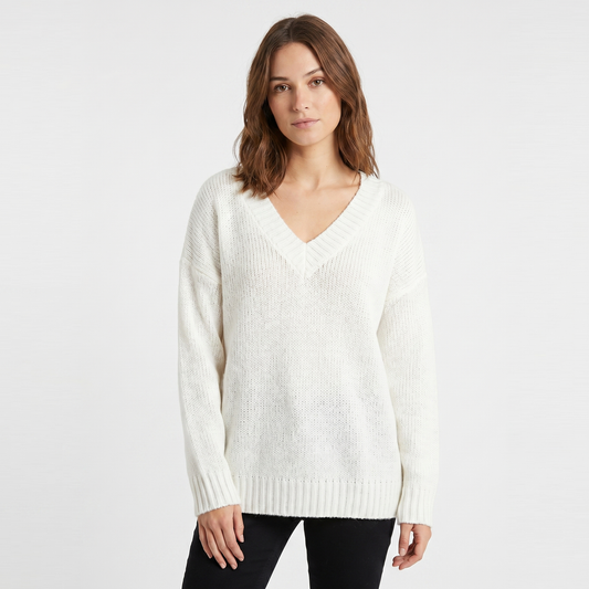 Women's V Neck Oversized Knit Sweater Longline Relaxed Fit Soft Wool Blend Pullover