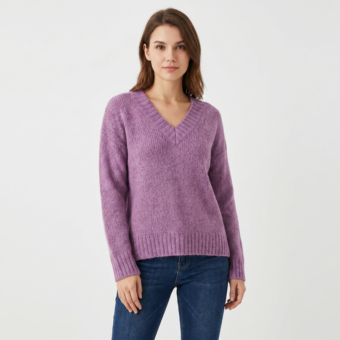 Women's V Neck Oversized Knit Sweater Longline Relaxed Fit Soft Wool Blend Pullover