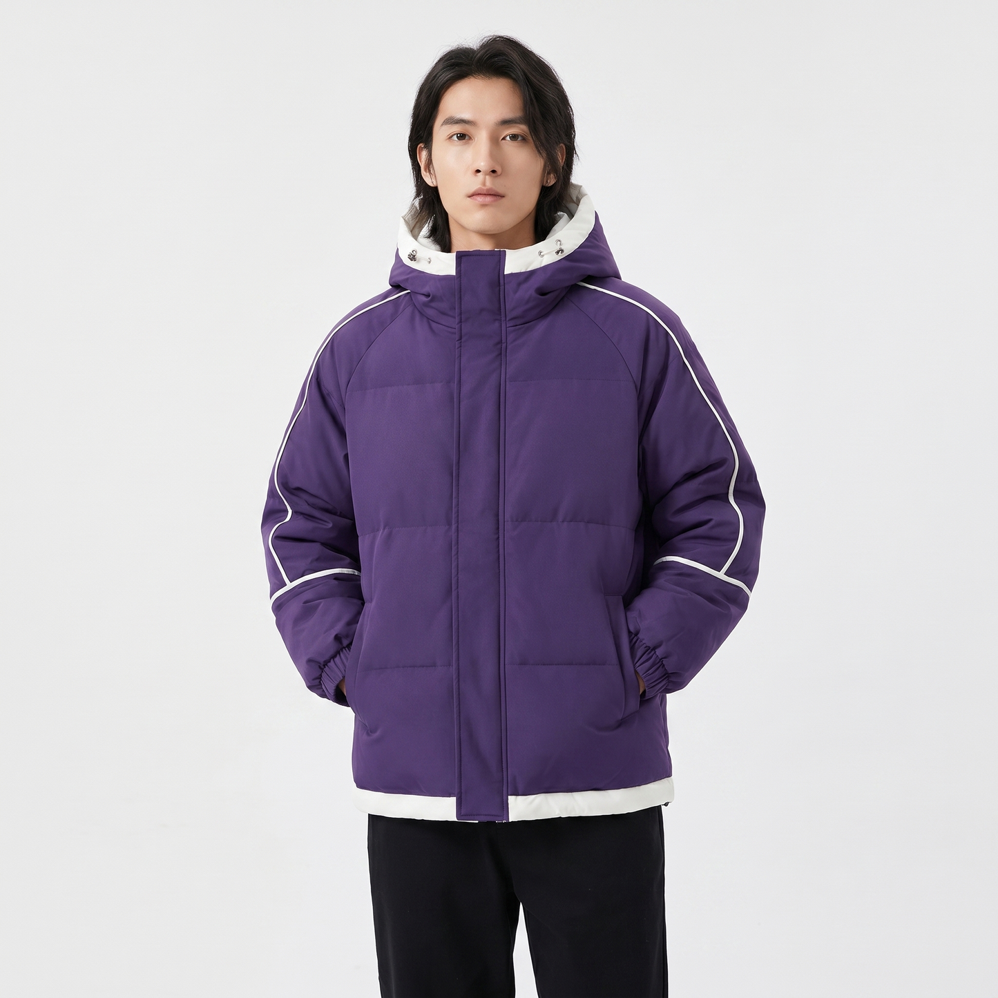 Men's Hooded Puffer Jacket Contrast Trim Quilted Winter Coat Oversized Fit
