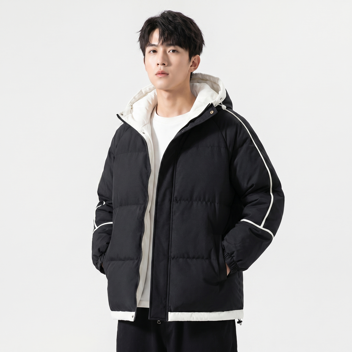 Men's Hooded Puffer Jacket Contrast Trim Quilted Winter Coat Oversized Fit